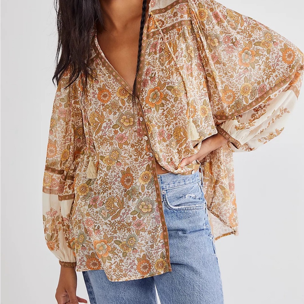 Spell Juniper Floral Print Blouse in Cream and Orange